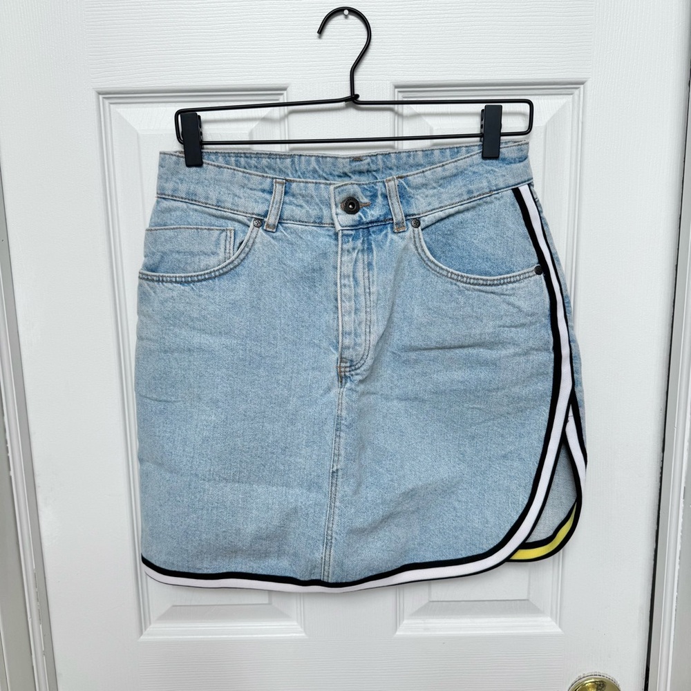 THE RAGGED PRIEST Denim Mini Skirt with Black and Yellow Trim MEDIUM